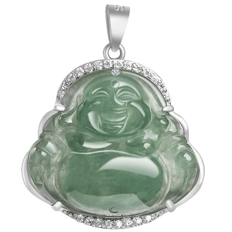 Buddha Stones Śmiejący się Budda Naturalny Jadeit Szczęście Dobrobyt Tytanowy Stalowy Łańcuszek Wisiorek - Image 7