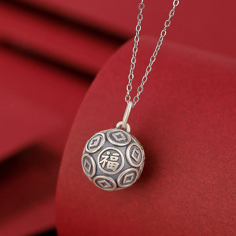 Buddha Stones 990 Srebro Sterlingowe Fu Charakter Miedziana Moneta Szczęście Fortuna Naszyjnik Łańcuch Wisiorek