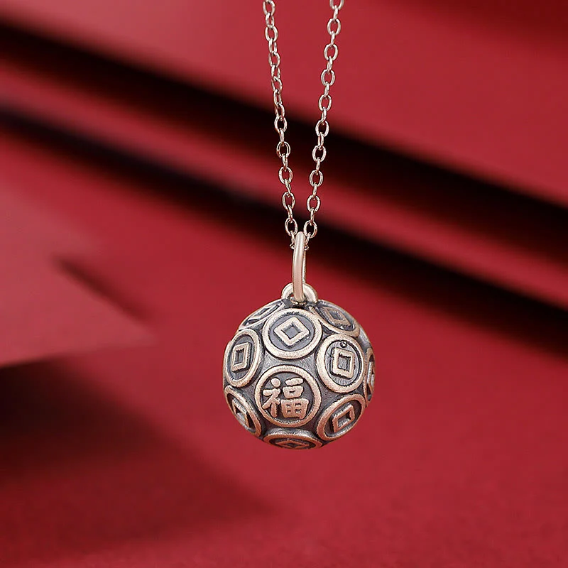 Buddha Stones 990 Srebro Sterlingowe Fu Charakter Miedziana Moneta Szczęście Fortuna Naszyjnik Łańcuch Wisiorek - Image 2
