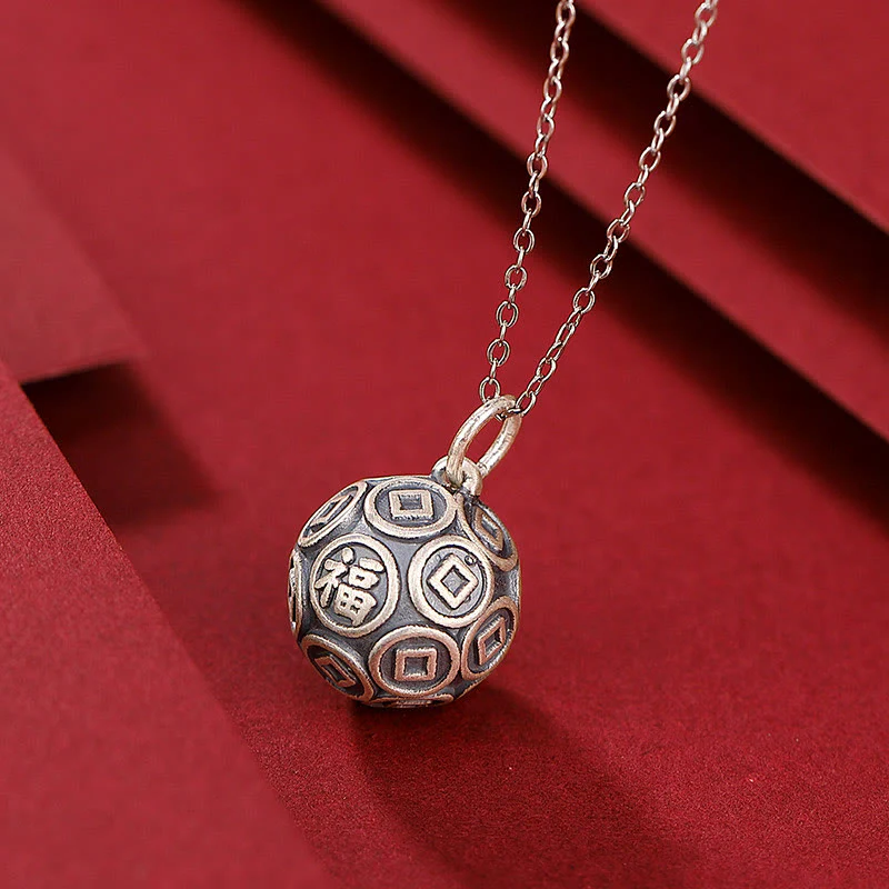 Buddha Stones 990 Srebro Sterlingowe Fu Charakter Miedziana Moneta Szczęście Fortuna Naszyjnik Łańcuch Wisiorek - Image 3