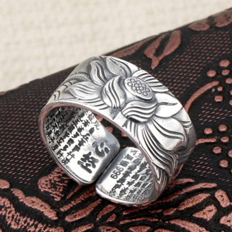 Buddha Stones 999 Srebrny Pierścień Ochronny Symbol Lotosu Sutra Serca - Image 3