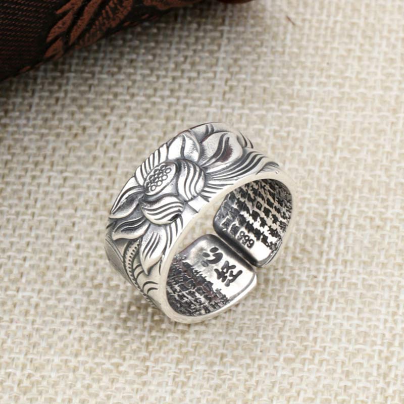 Buddha Stones 999 Srebrny Pierścień Ochronny Symbol Lotosu Sutra Serca - Image 9