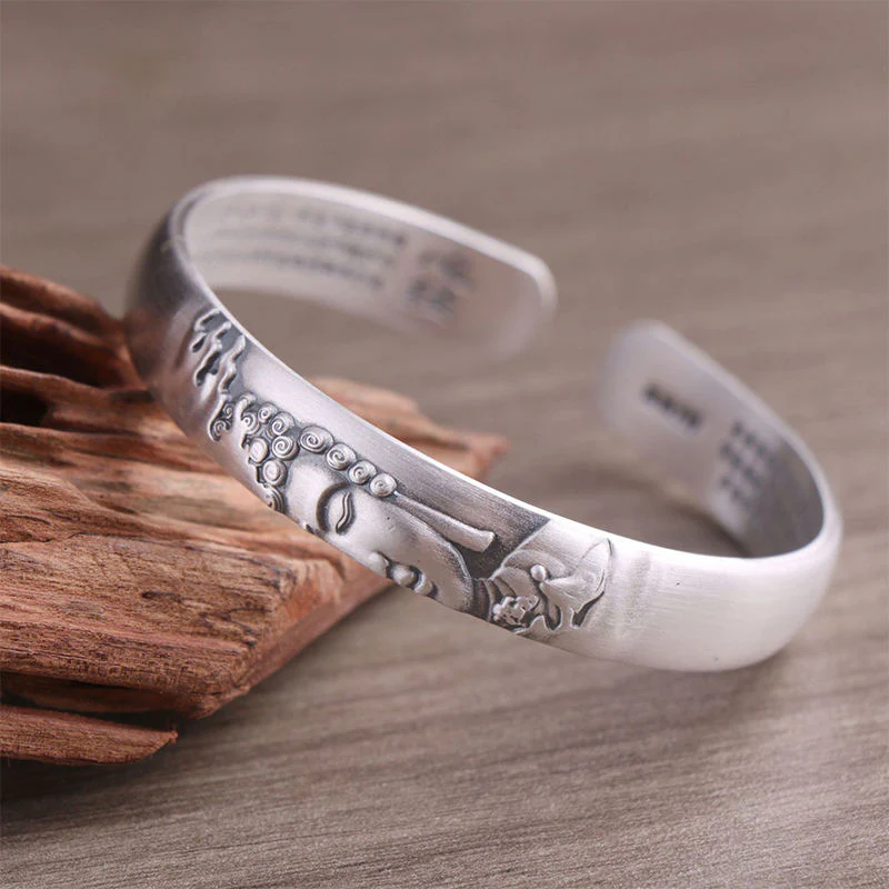 Buddha Stones 999 Srebro Sterling Głowa Buddy Serce Sutra Bransoletka Spokój