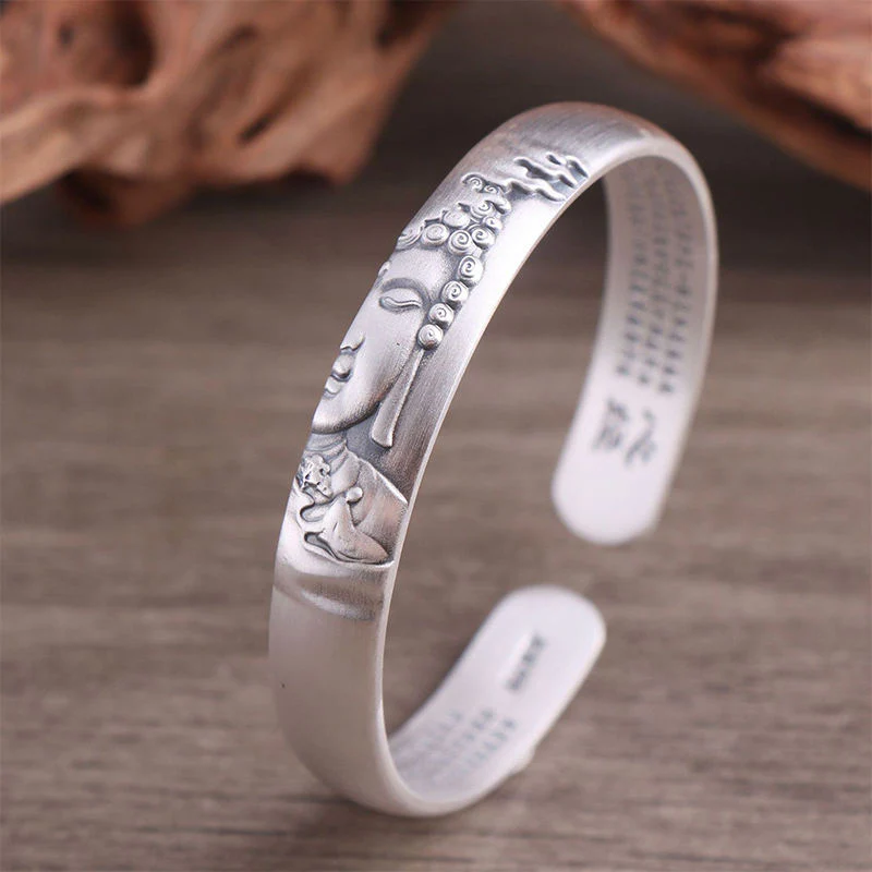Buddha Stones 999 Srebro Sterling Głowa Buddy Serce Sutra Bransoletka Spokój - Image 2