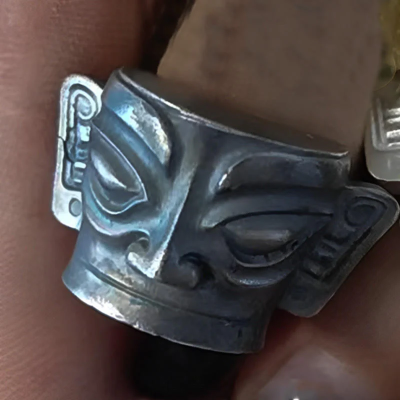 Buddha Stones 999 Srebro Sterlingowe Odlew Ręczny Pierścień Ochronny Maski Sanxingdui - Image 14