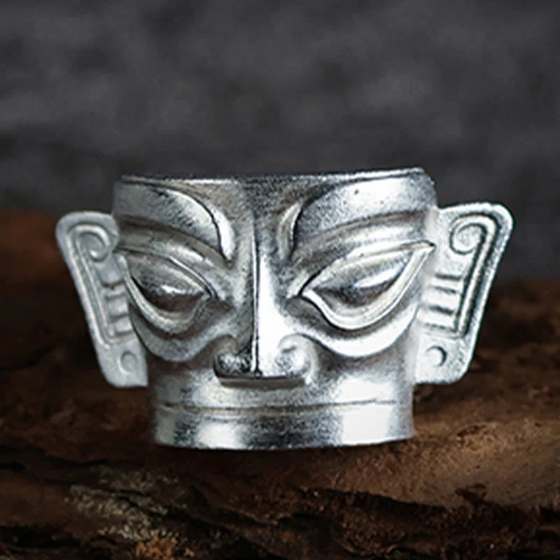 Buddha Stones 999 Srebro Sterlingowe Odlew Ręczny Pierścień Ochronny Maski Sanxingdui - Image 2