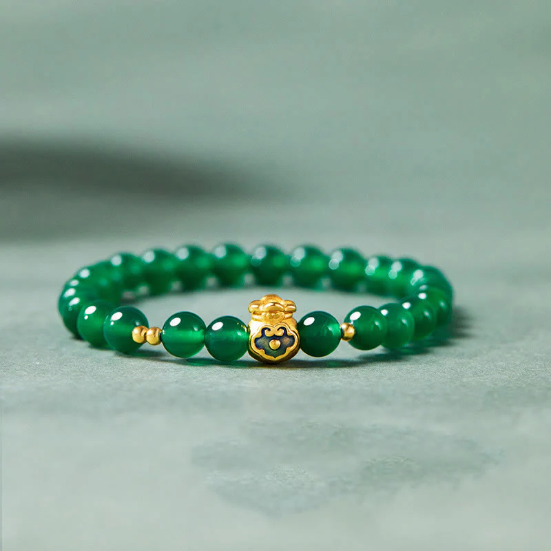 Buddha Stones 999 Srebro Sterlingowe Szczęście Torebka Zielony Chalcedon Spokojna Bransoletka