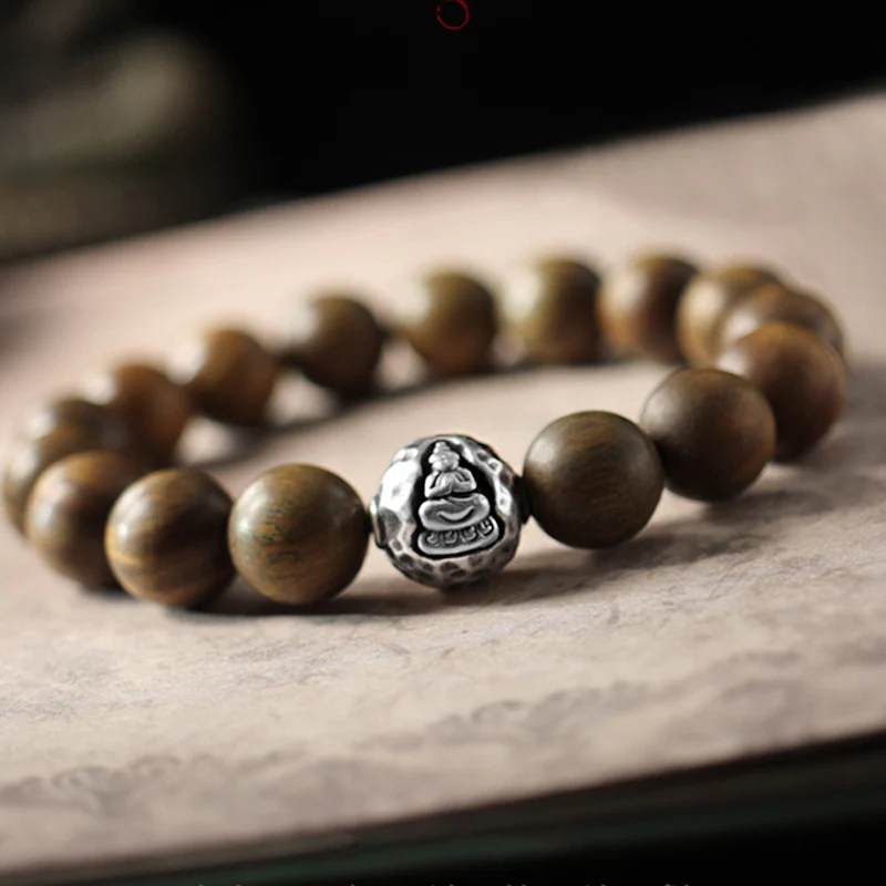 Buddha Stones 999 Srebro Sterlingowe Zielony Sandałowiec Mały Liść Czerwony Sandałowiec Budda Cure Bransoletka
