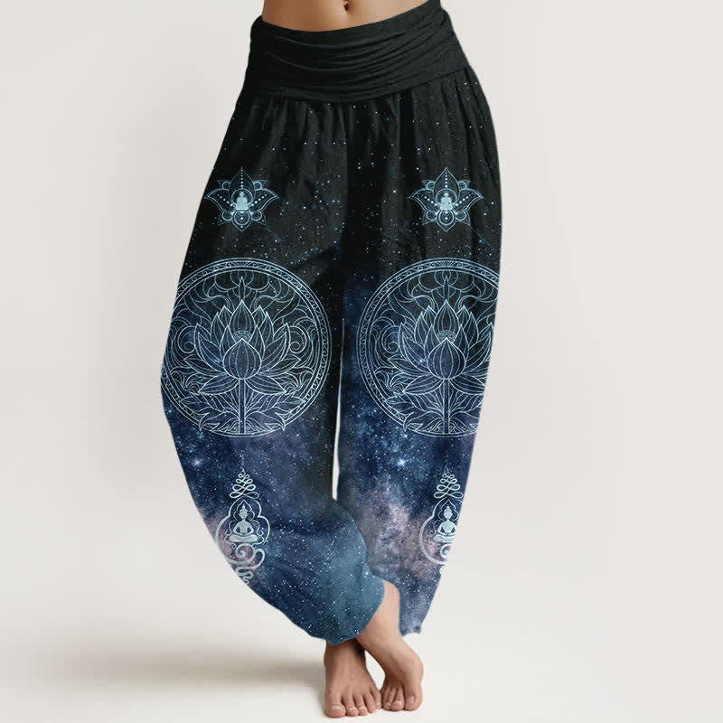 Buddha Stones Bawełniane spodnie haremki damskie z elastyczną talią i wzorem w mandalę Celestial Lotus