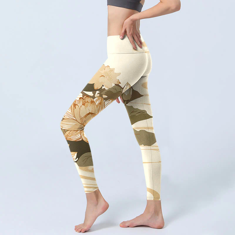 Buddha Stones Beżowy Lotos Kwiat Nadruk Gym Fitness Legginsy Damskie Spodnie Do Jogi - Image 5