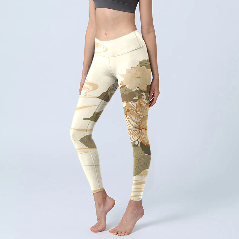 Buddha Stones Beżowy Lotos Kwiat Nadruk Gym Fitness Legginsy Damskie Spodnie Do Jogi - Image 7