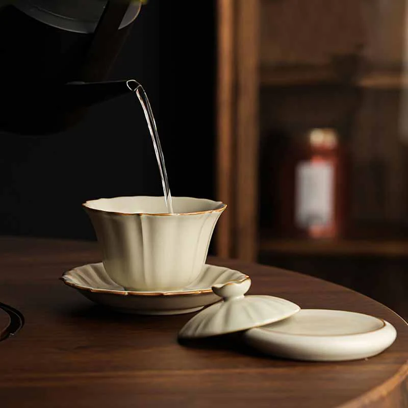 Buddha Stones Beżowy Śliwkowy Kwiat Kształt Brzoskwini Gałązka Ceramiczna Gaiwan Sancai Filiżanka Kung Fu Filiżanka Do Herbaty Z Pokrywką - Image 11