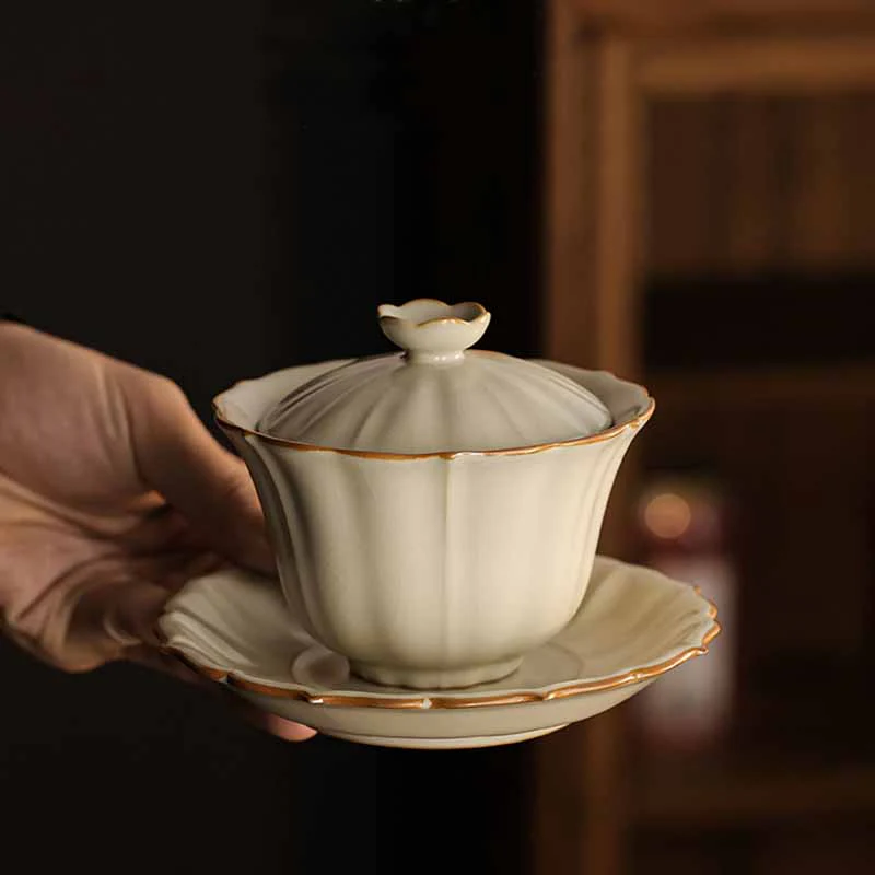 Buddha Stones Beżowy Śliwkowy Kwiat Kształt Brzoskwini Gałązka Ceramiczna Gaiwan Sancai Filiżanka Kung Fu Filiżanka Do Herbaty Z Pokrywką - Image 16