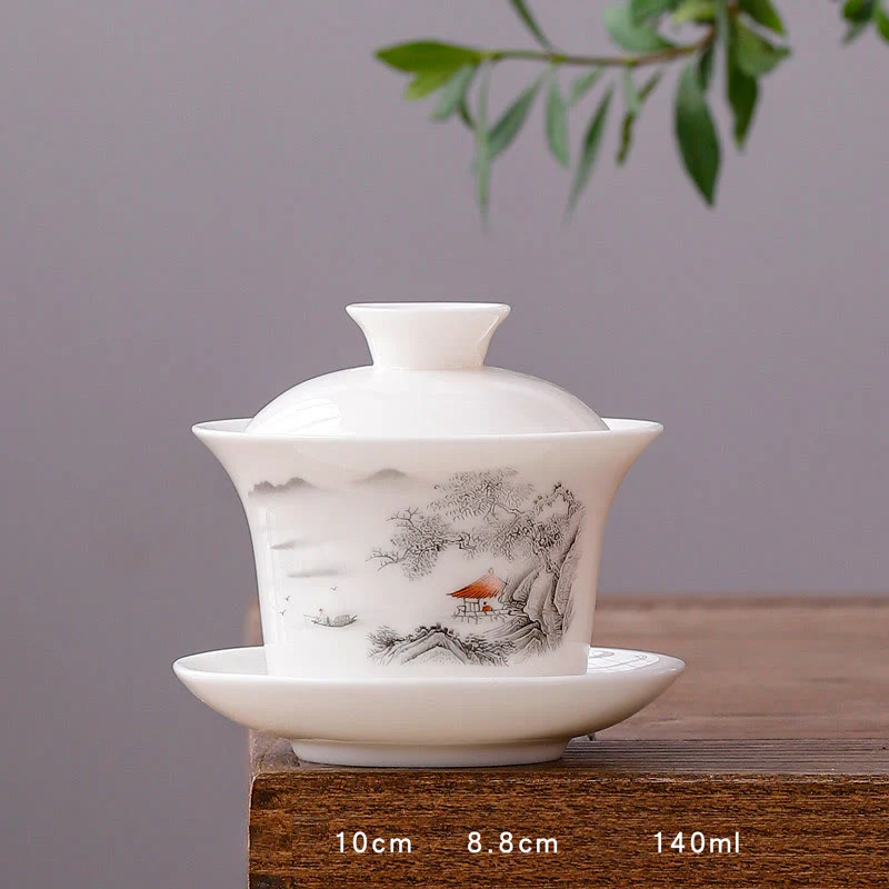 Buddha Stones Biała Porcelana Górski Krajobraz Wiejski Ceramiczny Gaiwan Filiżanka Kung Fu Filiżanka Do Herbaty I Spodek Z Pokrywką - Image 24