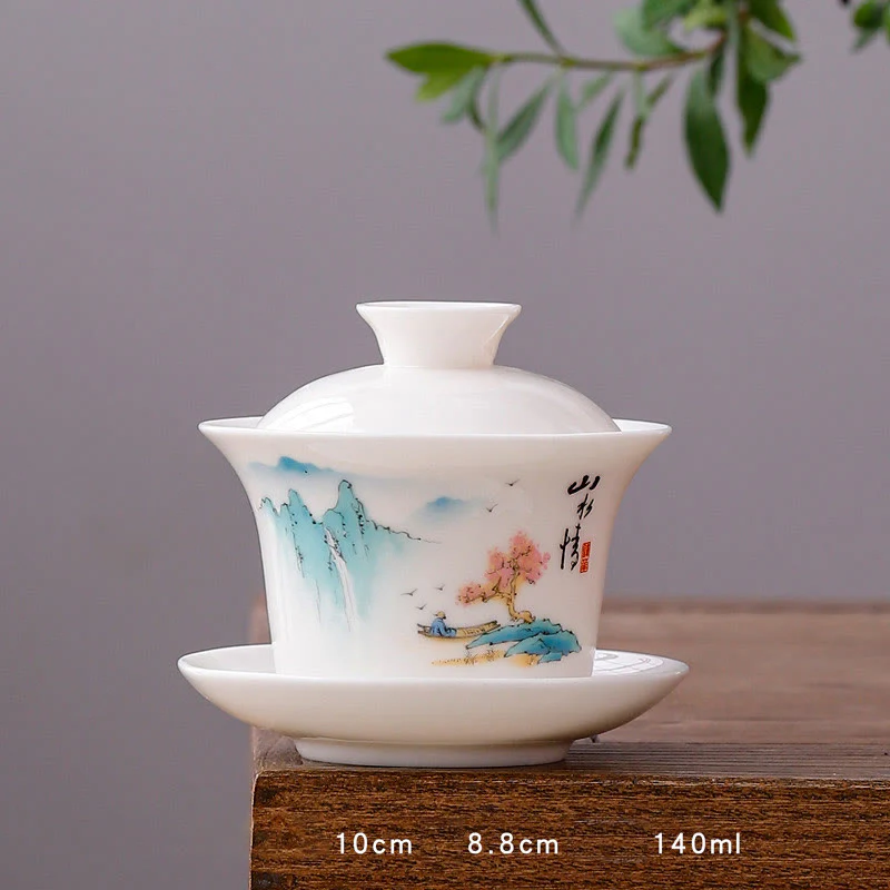 Buddha Stones Biała Porcelana Górski Krajobraz Wiejski Ceramiczny Gaiwan Filiżanka Kung Fu Filiżanka Do Herbaty I Spodek Z Pokrywką - Image 25