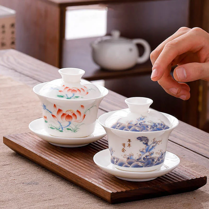 Buddha Stones Biała Porcelana Górski Krajobraz Wiejski Ceramiczny Gaiwan Filiżanka Kung Fu Filiżanka Do Herbaty I Spodek Z Pokrywką - Image 34
