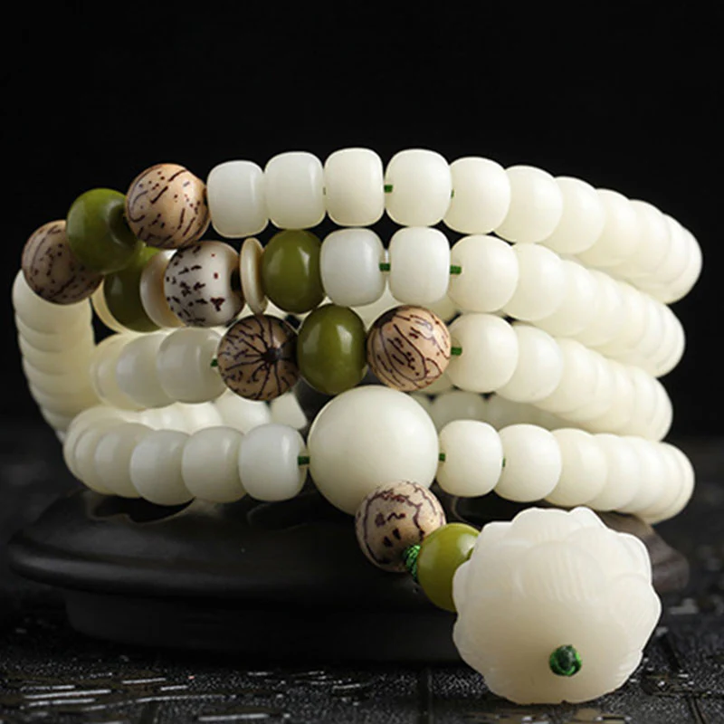 Buddha Stones Biały Jadeit Bodhi Lotus Mala Harmony Naszyjnik Bransoletka - Image 13