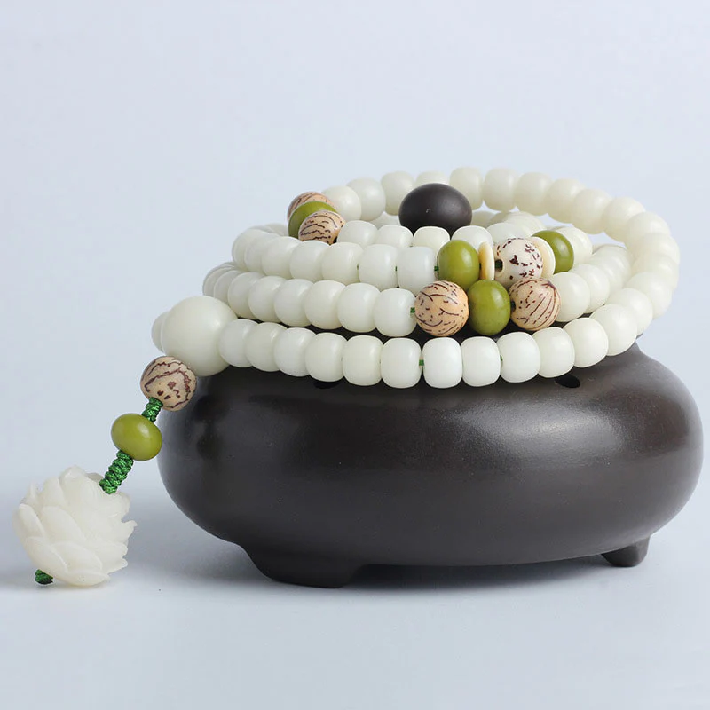Buddha Stones Biały Jadeit Bodhi Lotus Mala Harmony Naszyjnik Bransoletka - Image 18