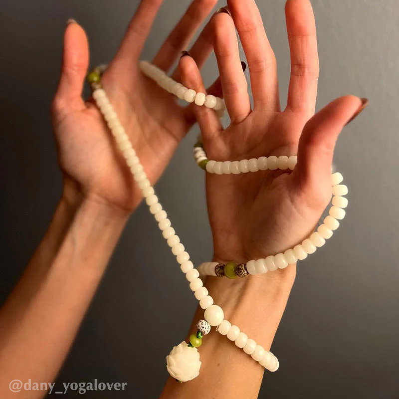 Buddha Stones Biały Jadeit Bodhi Lotus Mala Harmony Naszyjnik Bransoletka - Image 20