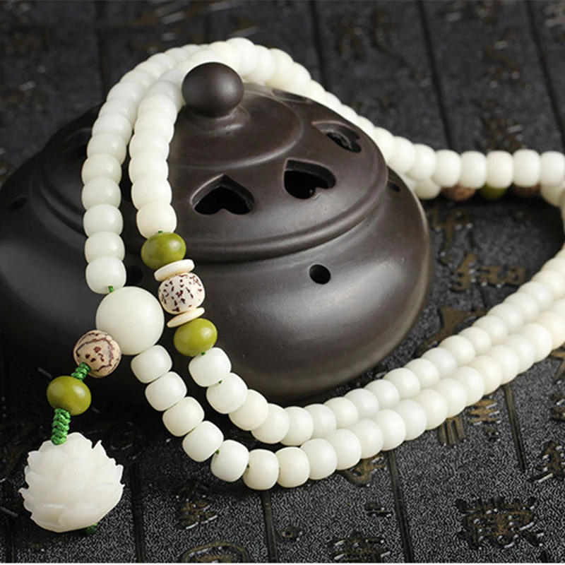 Buddha Stones Biały Jadeit Bodhi Lotus Mala Harmony Naszyjnik Bransoletka - Image 22