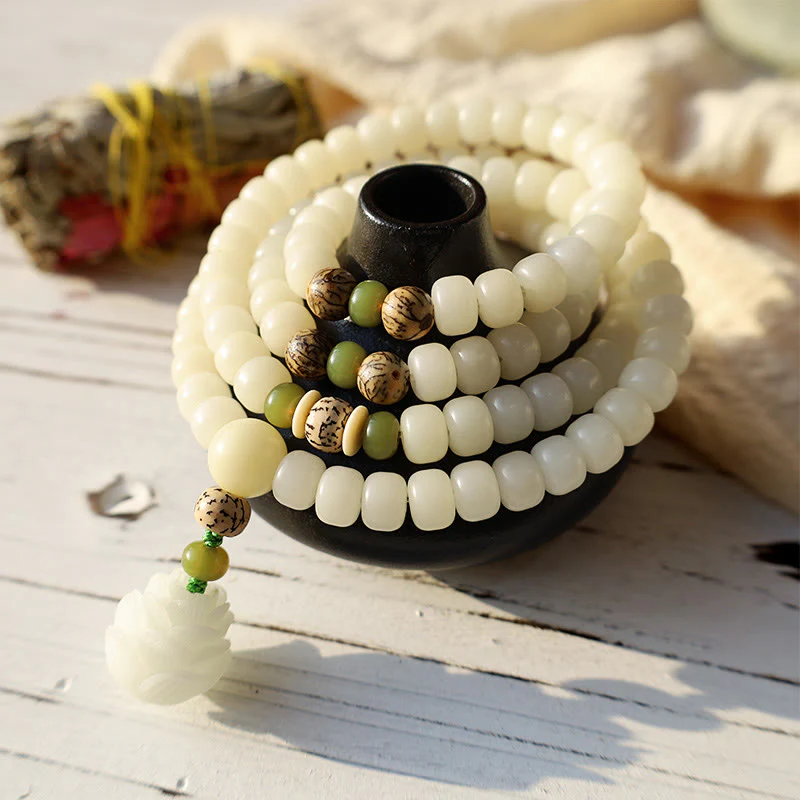 Buddha Stones Biały Jadeit Bodhi Lotus Mala Harmony Naszyjnik Bransoletka - Image 3