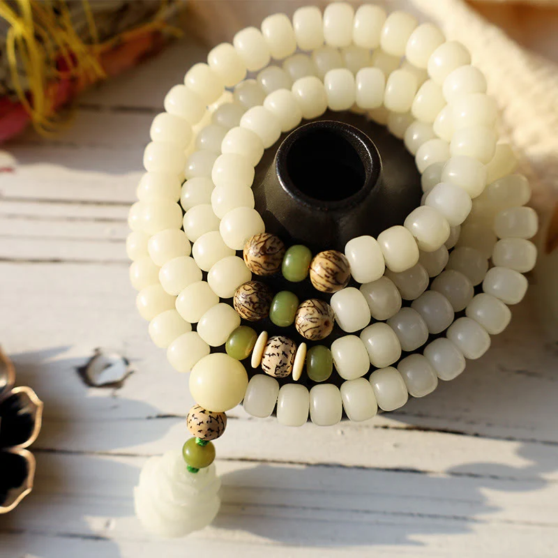 Buddha Stones Biały Jadeit Bodhi Lotus Mala Harmony Naszyjnik Bransoletka - Image 4