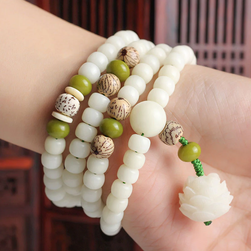 Buddha Stones Biały Jadeit Bodhi Lotus Mala Harmony Naszyjnik Bransoletka - Image 5
