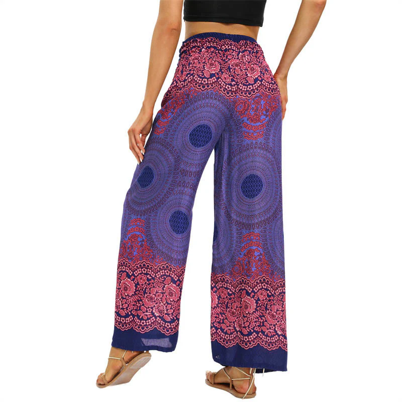 Buddha Stones Bohemian Compass Flower Print Sznurowane szerokie nogawki Spodnie do jogi damskie - Image 10