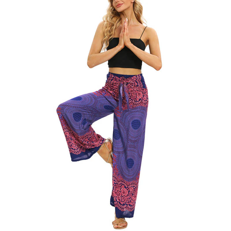 Buddha Stones Bohemian Compass Flower Print Sznurowane szerokie nogawki Spodnie do jogi damskie - Image 11