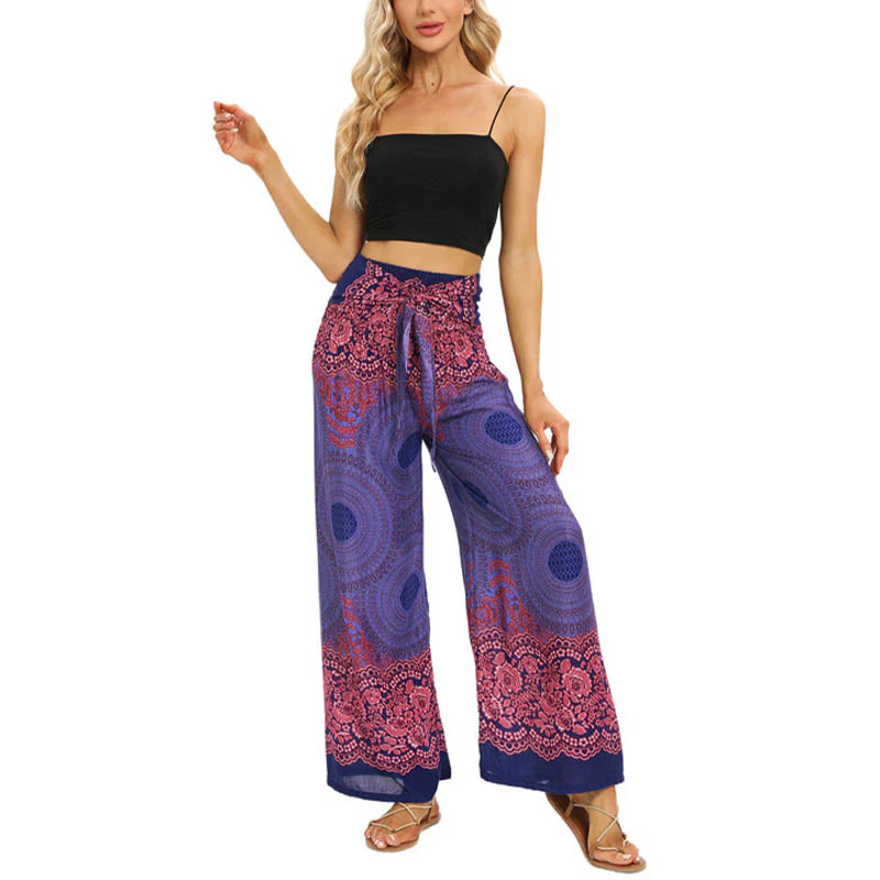 Buddha Stones Bohemian Compass Flower Print Sznurowane szerokie nogawki Spodnie do jogi damskie - Image 13