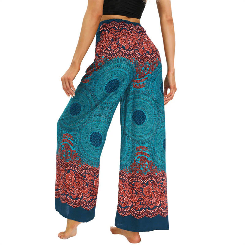 Buddha Stones Bohemian Compass Flower Print Sznurowane szerokie nogawki Spodnie do jogi damskie - Image 3
