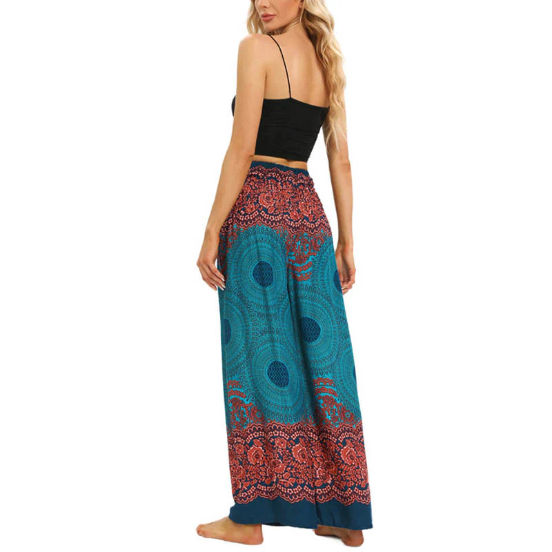Buddha Stones Bohemian Compass Flower Print Sznurowane szerokie nogawki Spodnie do jogi damskie - Image 5