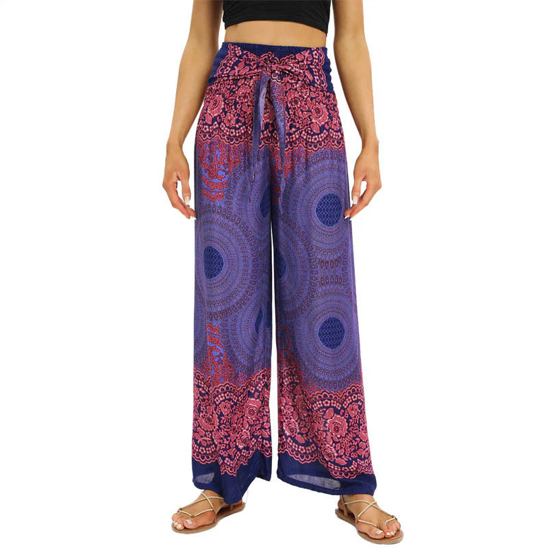 Buddha Stones Bohemian Compass Flower Print Sznurowane szerokie nogawki Spodnie do jogi damskie - Image 8