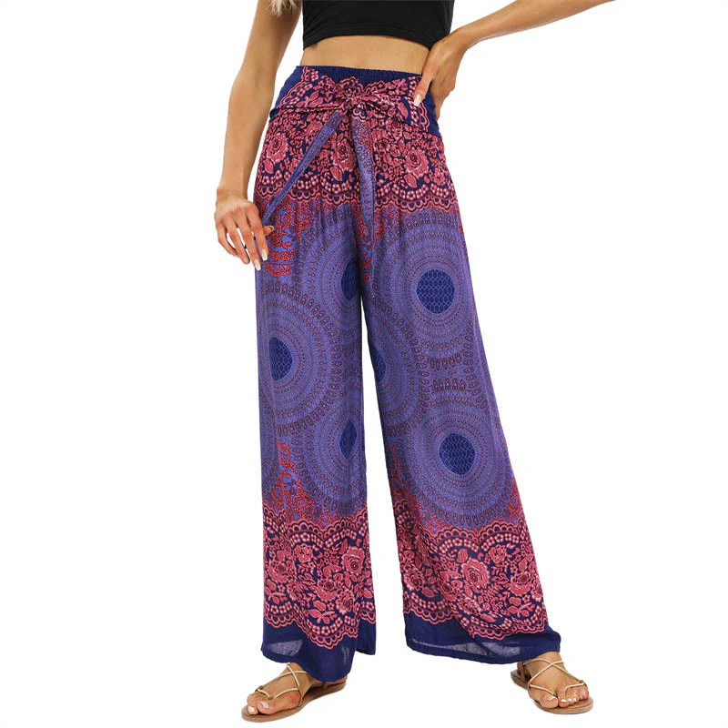 Buddha Stones Bohemian Compass Flower Print Sznurowane szerokie nogawki Spodnie do jogi damskie - Image 9
