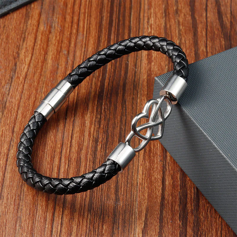 Buddha Stones Bransoleta Endless Knot Heart Leather Titanium Steel Strength Buckle