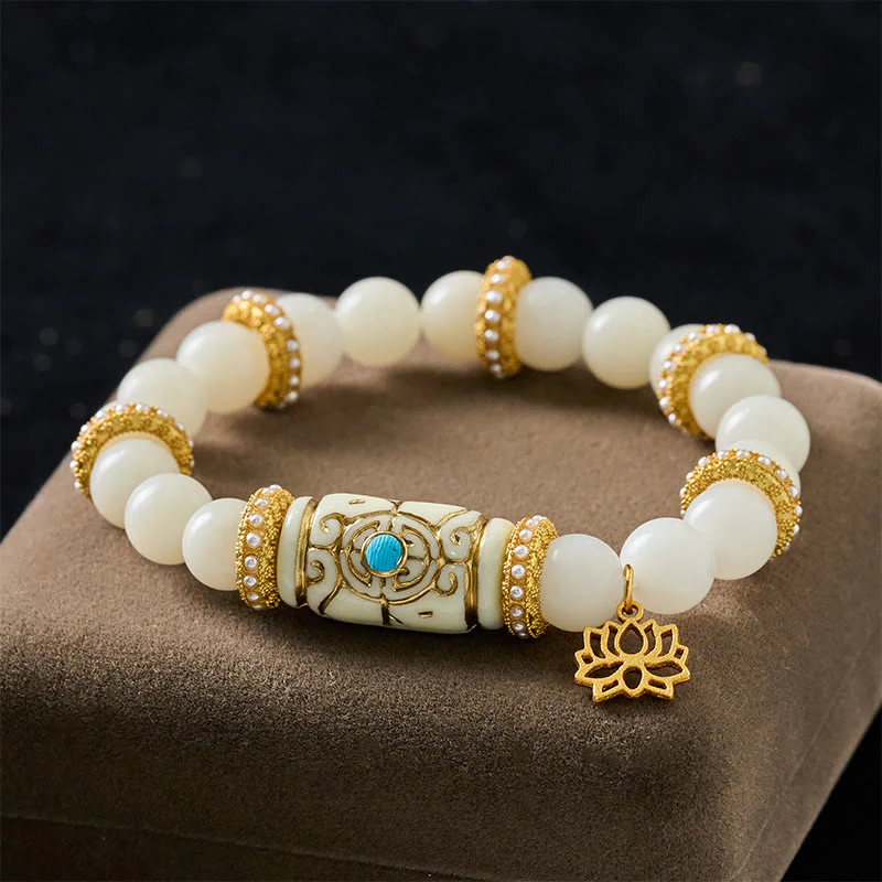 Buddha Stones Bransoletka do medytacji z białymi koralikami i żywicą Bodhi w kształcie beczki i lotosu