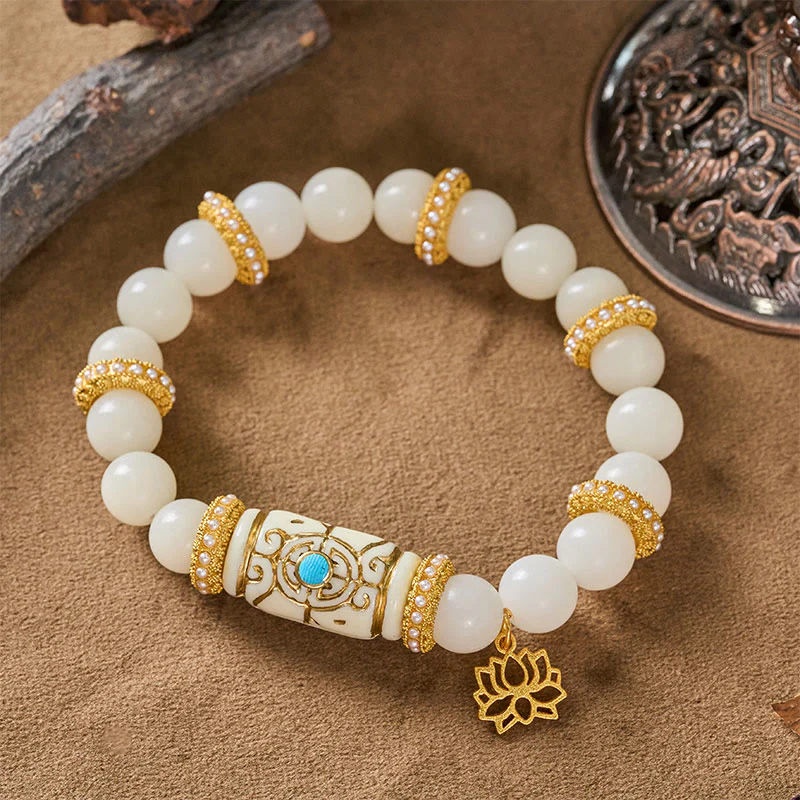 Buddha Stones Bransoletka do medytacji z białymi koralikami i żywicą Bodhi w kształcie beczki i lotosu - Image 3