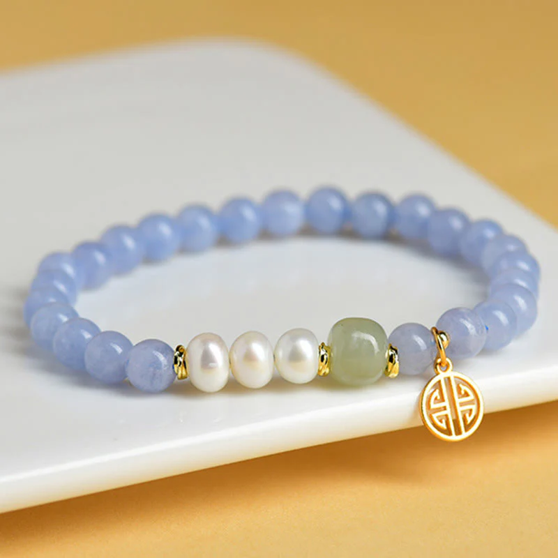 Buddha Stones Bransoletka energetyczna z koralików perłowych z niebieskiego chalcedonu