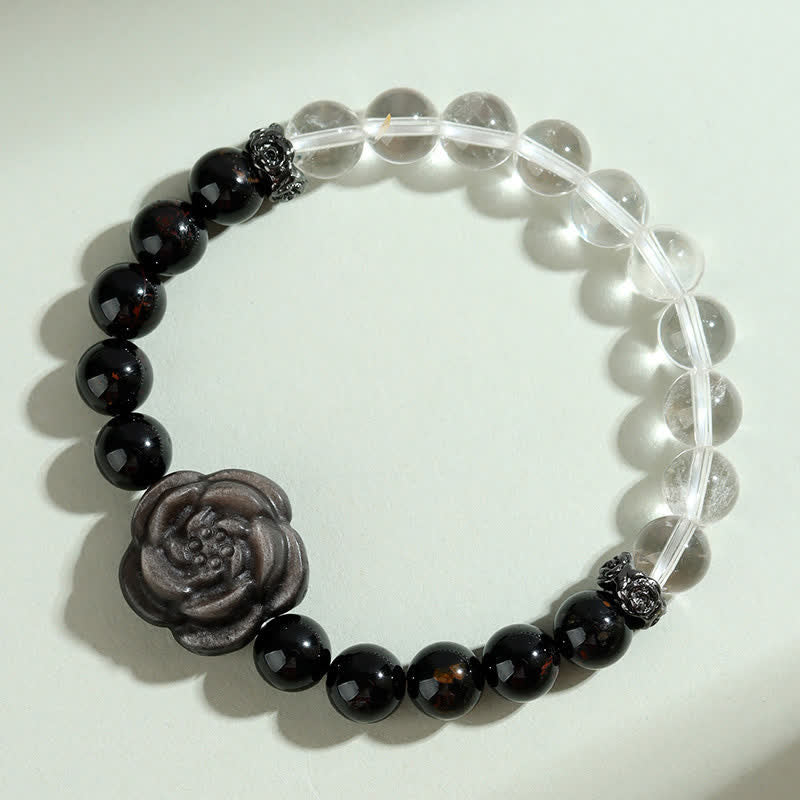 Buddha Stones Bransoletka Focus z rzeźbionym kwiatem róży i czarnym turmalinem z czystego kwarcu - Image 3