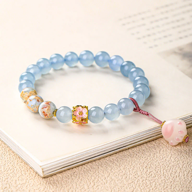 Buddha Stones Bransoletka lecznicza z niebieskim chalcedonem i postacią Fu w kształcie kociej łapki - Image 2