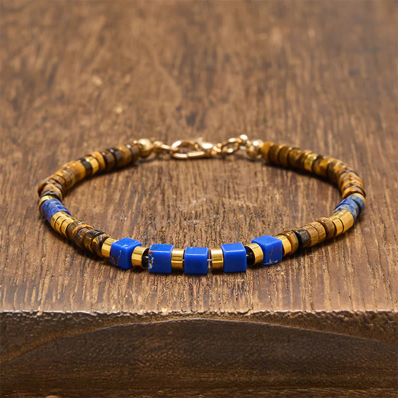 Buddha Stones Bransoletka mądrości z kwadratowymi koralikami z lapis lazuli i tygrysiego oka
