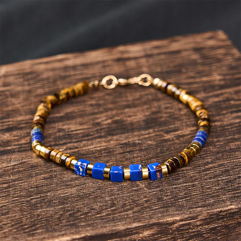 Buddha Stones Bransoletka mądrości z kwadratowymi koralikami z lapis lazuli i tygrysiego oka - Image 2