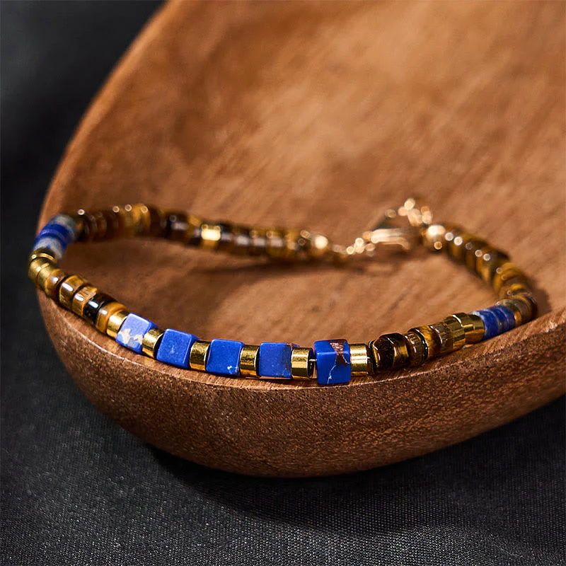 Buddha Stones Bransoletka mądrości z kwadratowymi koralikami z lapis lazuli i tygrysiego oka - Image 3