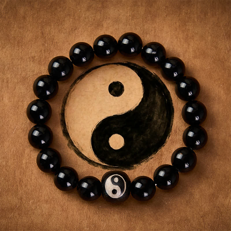 Buddha Stones Bransoletka ochronna z koralików Yin Yang z czarnego obsydianu i onyksu tybetańskiego