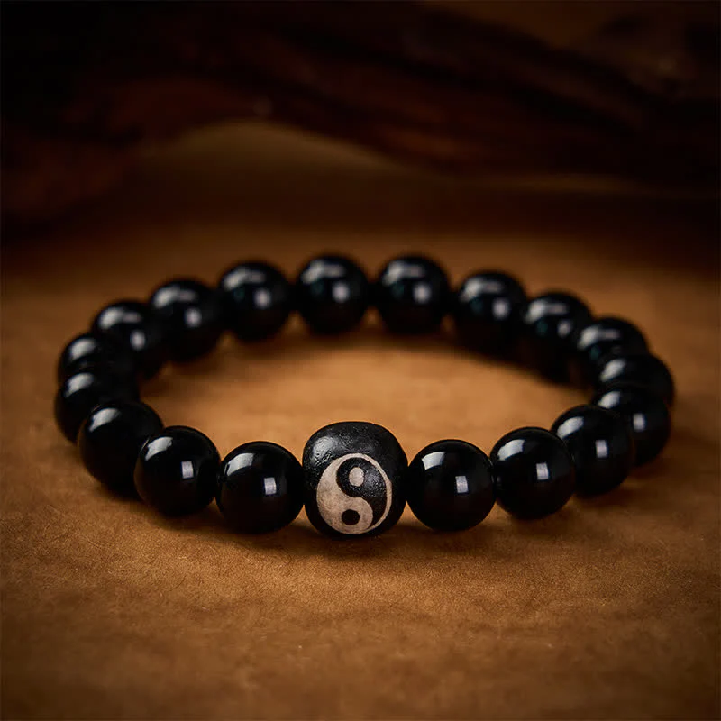 Buddha Stones Bransoletka ochronna z koralików Yin Yang z czarnego obsydianu i onyksu tybetańskiego - Image 3