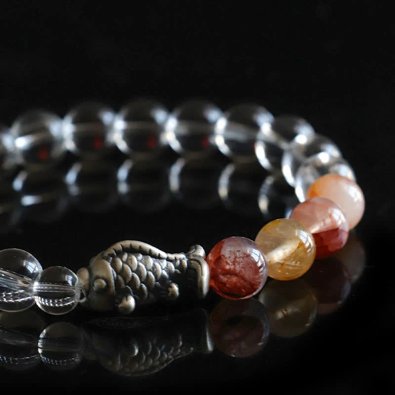 Buddha Stones Bransoletka ochronna z kwarcu czystego 999 ze srebra próby 999 w kształcie ryby Koi - Image 10