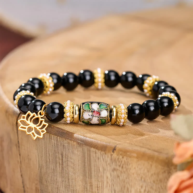 Buddha Stones Bransoletka ochronna z okrągłymi koralikami z czarnego obsydianu i emalii Cloisonné w kształcie kwiatów lotosu - Image 3