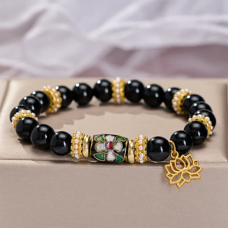 Buddha Stones Bransoletka ochronna z okrągłymi koralikami z czarnego obsydianu i emalii Cloisonné w kształcie kwiatów lotosu - Image 4