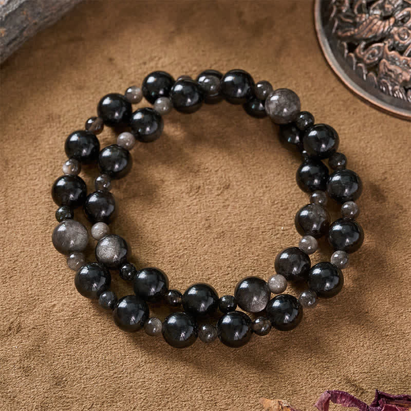 Buddha Stones Bransoletka ochronna z pojedynczą, podwójną warstwą okrągłych koralików z czarnego obsydianu - Image 10