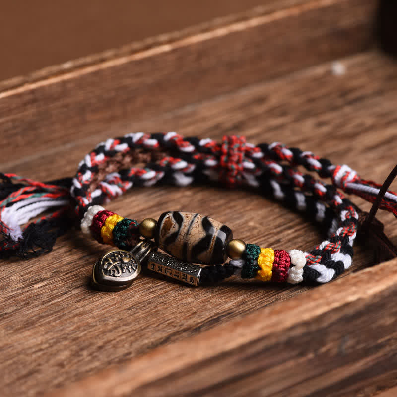 Buddha Stones Bransoletka Om Mani Padme Hum z koralików Dzi Beads z podwójnym owinięciem i plecioną liną - Image 2